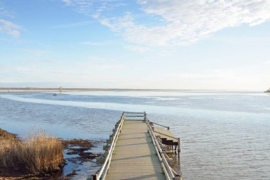 Modern ahşap iskele ve yürüyüş yolu. Göl. Eğlence alanı, orman parkı. Yumuşak güneş ışığı, açık gökyüzü. Baharın başında. Idyllic manzara. Doğa, çevre, ekoloji, eko-turizm, tatiller, hafta sonu