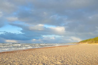 Gün batımında Baltık kıyısı. Kumsal, kum tepeleri. Dramatik gökyüzü akan bulutlar. Yumuşak güneş ışığı. Doğa, hava, çevre, eko turizm