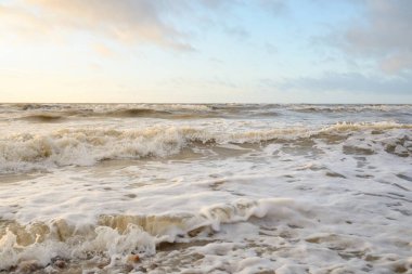 Gün batımında Baltık Denizi. Dramatik gökyüzü, mavi ve pembe parlayan bulutlar, altın güneş ışığı. Dalgalar, su sıçratma. Resimli manzara, deniz manzarası, doğa. Panoramik görünüm,