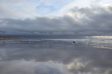 Fırtınadan sonra Baltık Denizi. Yumuşak günbatımı ışığı, çarpıcı parlayan bulutlar. Deniz manzarası, bulutlar, doğa. Sudaki yansımalar. Panoramik manzara. Ekoloji, iklim değişikliği, hava durumu