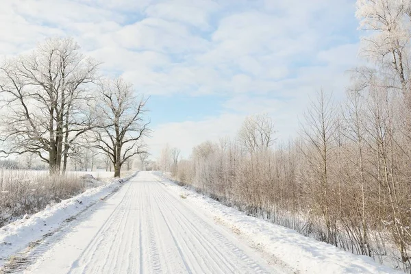 雪に覆われたフィールド 農村部を介して田舎道 車からの眺め 雪のドリフト ヨーロッパだ クリスマス休暇 遠隔地 冬のタイヤ 危険な運転の概念 — ストック写真