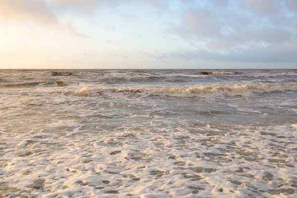 Baltic Sea Sunset Dramatic Sky Blue Pink Glowing Clouds Golden — 스톡 사진