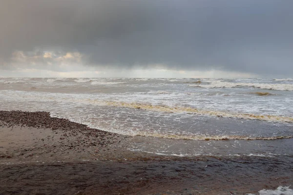 Gün batımında Baltık kıyısı. Kumsal, kum tepeleri. Dramatik gökyüzü akan bulutlar. Yumuşak güneş ışığı. Doğa, hava, çevre, eko turizm