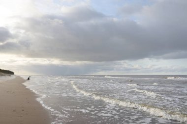 Gün batımında Baltık kıyıları (kum tepeleri). Yumuşak güneş ışığı, parlayan bulutlar, dalgalar ve su fışkıran berrak gökyüzü. Idyllic deniz manzarası. Liepaja, Letonya, Avrupa. Sıcak kış havası, iklim değişikliği, doğa