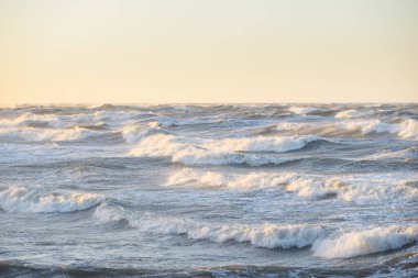 Gün batımında Baltık kıyısı. Yumuşak altın güneş ışığı, parlayan gökyüzü, dalgalar. Idyllic deniz manzarası. Seyahat yerleri, eko turizm, doğa, hava durumu, iklim değişikliği. Resimli panoramik manzara
