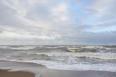 Baltic sea after the storm. Sunset. Picturesque panoramic scenery, seascape. Nature, environment, rough weather, climate change