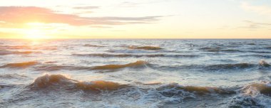 Gün batımında Baltık Denizi. Dramatik gökyüzü, mavi ve pembe parlayan bulutlar, altın güneş ışığı. Dalgalar, su sıçratma. Resimli manzara, deniz manzarası, doğa. Panoramik görünüm