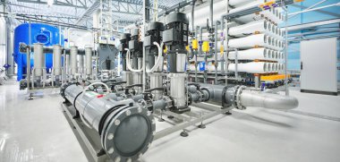 Pump station for reverse osmosis industrial city water treatment station. Wide angle perspective. Technology, chemistry, heating, work safety, supply, infrastructure