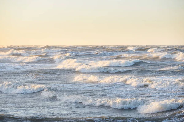 Gün batımında Baltık kıyısı. Yumuşak altın güneş ışığı, parlayan gökyüzü, dalgalar. Idyllic deniz manzarası. Seyahat yerleri, eko turizm, doğa, hava durumu, iklim değişikliği. Resimli panoramik manzara