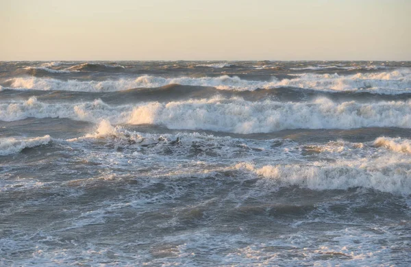 Gün batımında Baltık kıyısı. Yumuşak altın güneş ışığı, parlayan gökyüzü, dalgalar. Idyllic deniz manzarası. Seyahat yerleri, eko turizm, doğa, hava durumu, iklim değişikliği. Resimli panoramik manzara