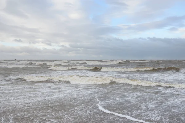 Fırtınadan sonra Baltık Denizi. Gün batımı. Resimli panoramik manzara, deniz manzarası. Doğa, çevre, sert hava, iklim değişikliği