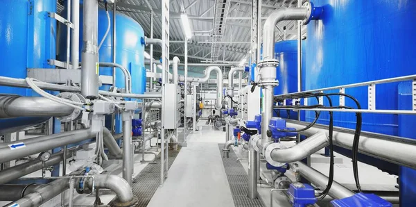 Large Blue Tanks Industrial City Water Treatment Boiler Room Wide —  Fotos de Stock