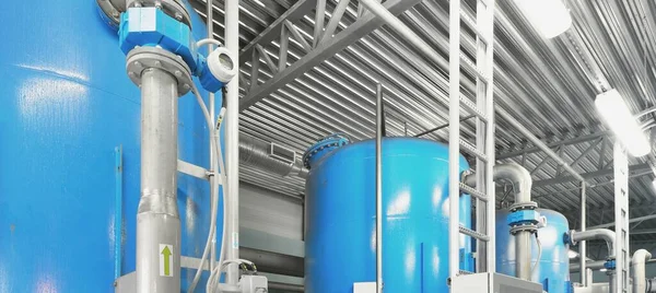 Large Blue Tanks Industrial City Water Treatment Boiler Room Wide — Stock Fotó