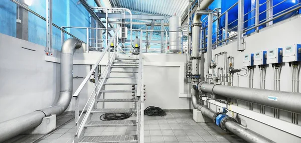 Large Blue Tanks Industrial City Water Treatment Boiler Room Wide — Foto de Stock
