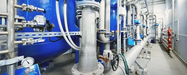 Large Blue Tanks Industrial City Water Treatment Boiler Room Wide — стоковое фото