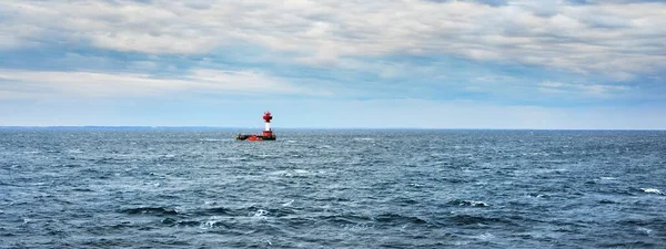 Small Red Offshore Lighthouse Baltic Sea Dramatic Glowing Stormy Sky — Stockfoto