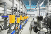Reverse osmosis industrial city water treatment station. Wide angle perspective. Technology, chemistry, heating, work safety, supply, infrastructure
