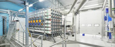 Reverse osmosis industrial city water treatment station. Wide view on the hall. Technology, chemistry, heating, work safety, supply, infrastructure