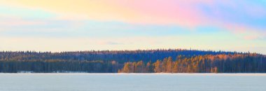 Gün batımında donmuş göl ve karla kaplı çam ormanı. Buz dokusu. Dramatik gökyüzü, pembe bulutlar. Kış Harikalar Diyarı. Doğa, çevre koruma, ekoloji, iklim değişikliği, eko-turizm, Noel