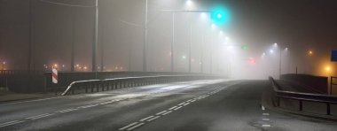 Gece sisli bir gecede köprüden geçen boş bir otoyol. Sokak Işıkları yakın plan. Karanlık şehir manzarası, şehir manzarası. Riga, Letonya. Tehlikeli sürüş, hız, özgürlük, konsept görüntü
