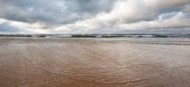 Gün batımından önce Baltık Denizi 'nin üzerinde parlayan kümülüs bulutlarıyla dramatik mavi gökyüzü. Kumlu bir sahilden görüntü. Avrupa 'da sonbahar, kışın başı. Idyllic deniz manzarası. Kararsız hava, iklim değişikliği, ekoloji