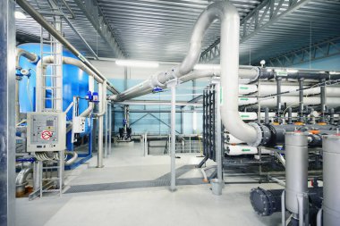 Reverse osmosis industrial city water treatment station. Wide view on the hall. Technology, chemistry, heating, work safety, supply, infrastructure