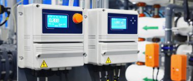 Endüstriyel su arıtma odasındaki su kalite kontrolünün kontrol ünitesi. Teknoloji, kimya, ısıtma, iş güvenliği, arz, altyapı