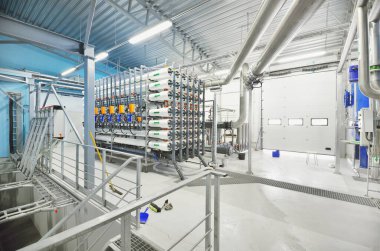 Reverse osmosis industrial city water treatment station. Wide view on the hall. Technology, chemistry, heating, work safety, supply, infrastructure