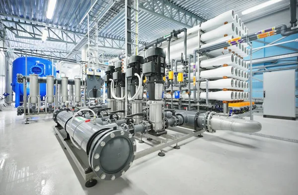 Pump station for reverse osmosis industrial city water treatment station. Wide angle perspective. Technology, chemistry, heating, work safety, supply, infrastructure
