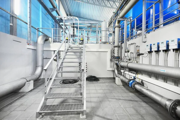 Large Blue Tanks Industrial City Water Treatment Boiler Room Wide — Stok Foto