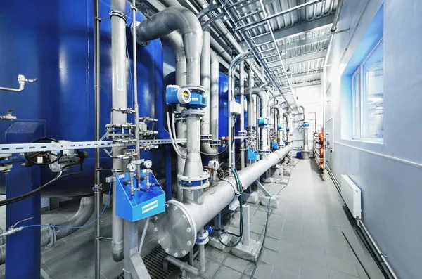 Large Blue Tanks Industrial City Water Treatment Boiler Room Wide — Stok fotoğraf