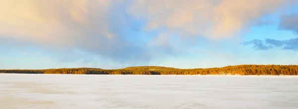 Zamarznięte Jezioro Pokryty Śniegiem Las Sosnowy Zachodzie Słońca Konsystencja Lodu — Zdjęcie stockowe