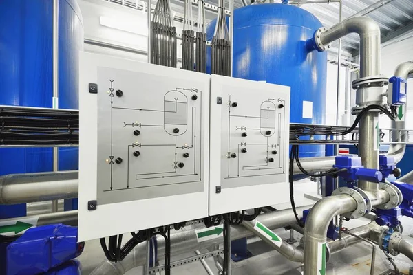 Large Blue Tanks Industrial City Water Treatment Boiler Room Wide — Stock fotografie