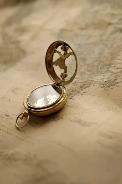 Retro Style Antique Golden Compass Sundial Old Nautical Chart Close — Stok fotoğraf
