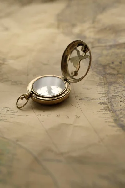 Retro Style Antique Golden Compass Sundial Old Nautical Chart Close — Stock Fotó