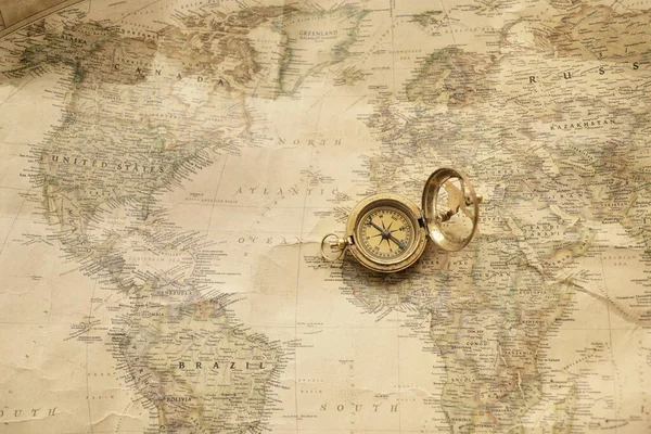 Античный Золотой Компас Стиле Ретро Солнечные Часы Старая Морская Карта — стоковое фото