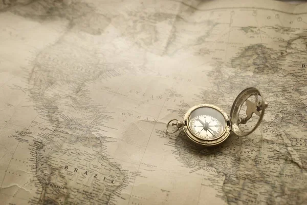 Retro Style Antique Golden Compass Sundial Old Nautical Chart Close — Photo