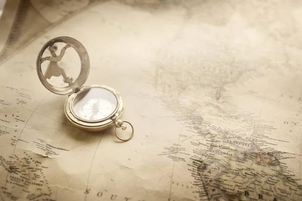 Retro Style Antique Golden Compass Sundial Old Nautical Chart Close — Photo