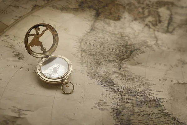 Retro Style Antique Golden Compass Sundial Old Nautical Chart Close — Foto Stock