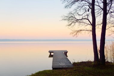 Forest lake (river) at sunrise. Wooden pier (boardwalk), mighty trees. Soft sunlight, mist, reflections on water. Idyllic autumn landscape. Pure nature, ecotourism, hiking, exploring