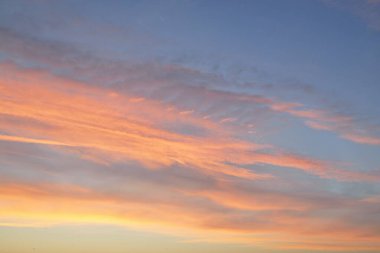 Açık mavi gökyüzü. Pembe ve altın renkli bulutlar. Gün doğumu. Dramatik bulut manzarası. Sanat, meteoroloji, cennet, umut, barış, grafik kaynakları, resimli panoramik manzara
