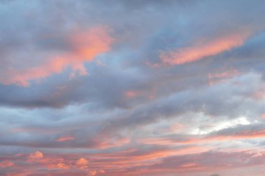 Fırtınadan sonra parlayan pembe ve altın rengi bulutlar. Dramatik bulut manzarası. Sanat, meteoroloji, cennet, umut, barış, grafik kaynakları, resimli panoramik manzara