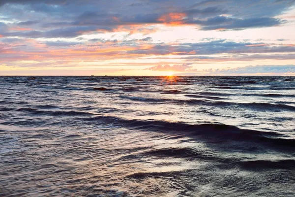 Panoramic View Baltic Sea Shore Sunset Dramatic Storm Sky Glowing — Foto de Stock