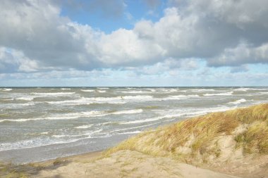 Fırtınadan sonra Baltık kıyıları (kum tepeleri, plaj). Dramatik gökyüzü, parlayan bulutlar. Resimli panoramik manzara. Doğa, çevre, ekoloji, eko-turizm, yürüyüş, keşif kavramları