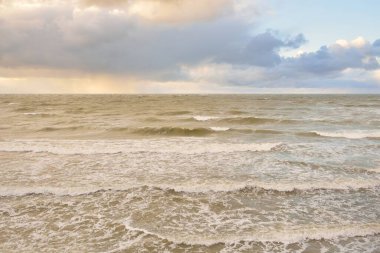 Gün batımında Baltık Denizi. Dramatik gökyüzü, mavi ve pembe parlayan bulutlar, altın güneş ışığı. Dalgalar, su sıçratma. Resimli manzara, deniz manzarası, doğa. Panoramik görünüm, uzun pozlama
