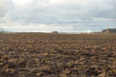 Agricultural plowed field, soil texture. Farm and food industry, alternative production, fertilizer, irrigation, environmental damage and conservation concepts