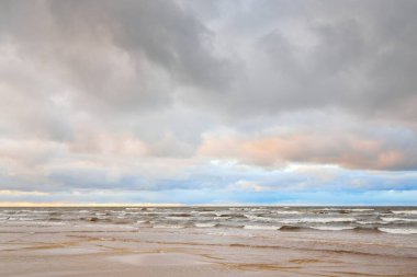 Gün batımında Baltık kıyısı. Kumsal manzarası (kum tepeleri). Dramatik günbatımı gökyüzü, parlayan bulutlar. Idyllic manzara. Doğa, tatiller, eğlence. Çevre turizmi. Panoramik görünüm
