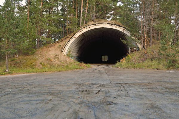 An old bunker (tunnel) in the evergreen pine forest.Latvia, Europe. Landmarks, architecture. History, past, war, conflict, fortification, protection themes