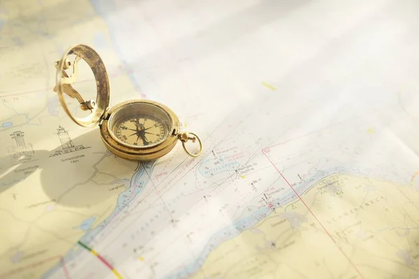 Retro Style Antique Golden Compass Sundial Old Nautical Chart Close — Zdjęcie stockowe