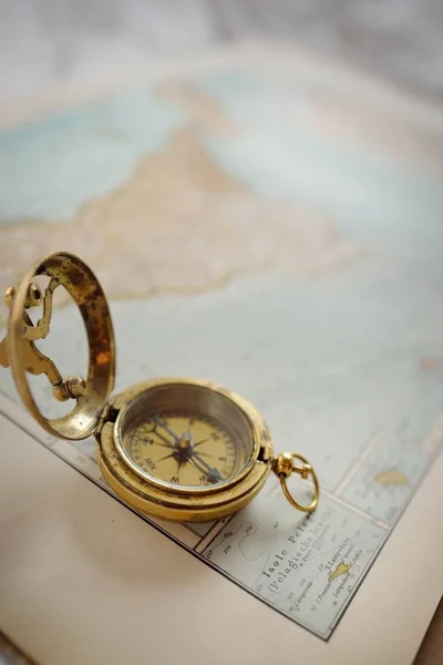 Retro Style Antique Golden Compass Sundial Old Nautical Chart Close — Stock Photo, Image